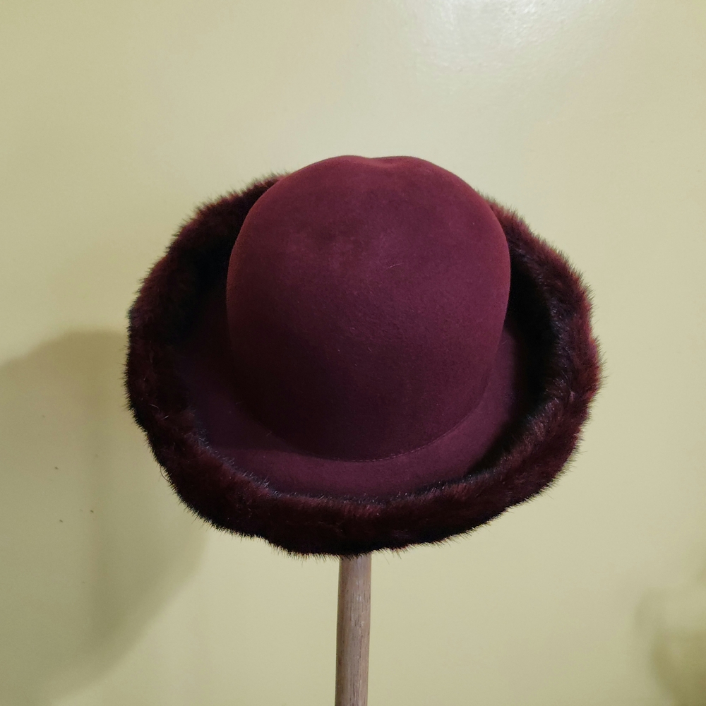 Dennis Basso 100% Wool Burgundy Fur-Trimmed Hat